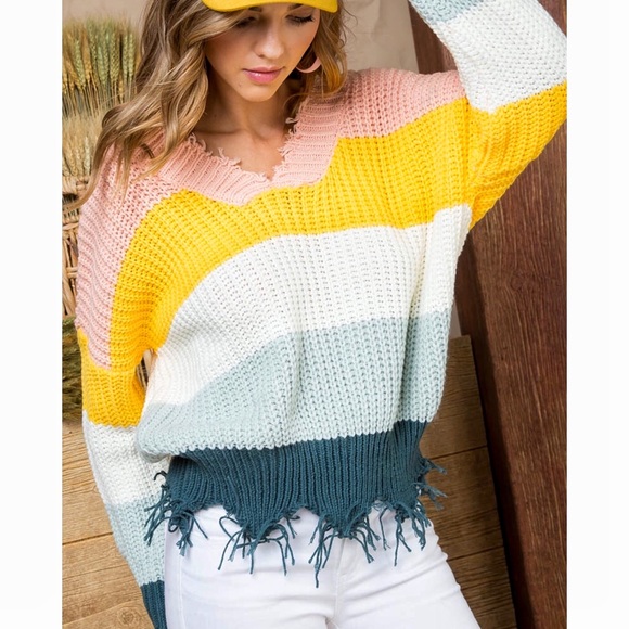 Spring ColorBlock Frayed Oversized Slouchy Sweater - Picture 4 of 9